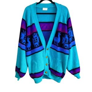 Vintage Otavalo Ecuador Wool Cardigan Sweater Oversized Andean Llama 100% Wool